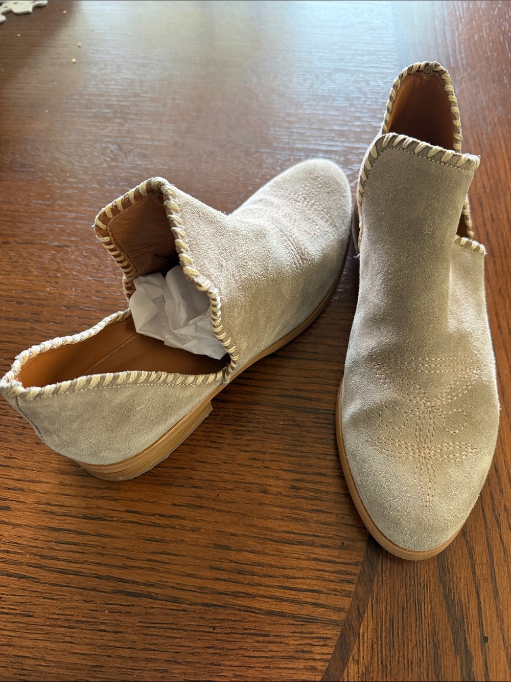 Sundance-Made in Italy Suede Ankle Booties in Light Beige w/ Braided Trim